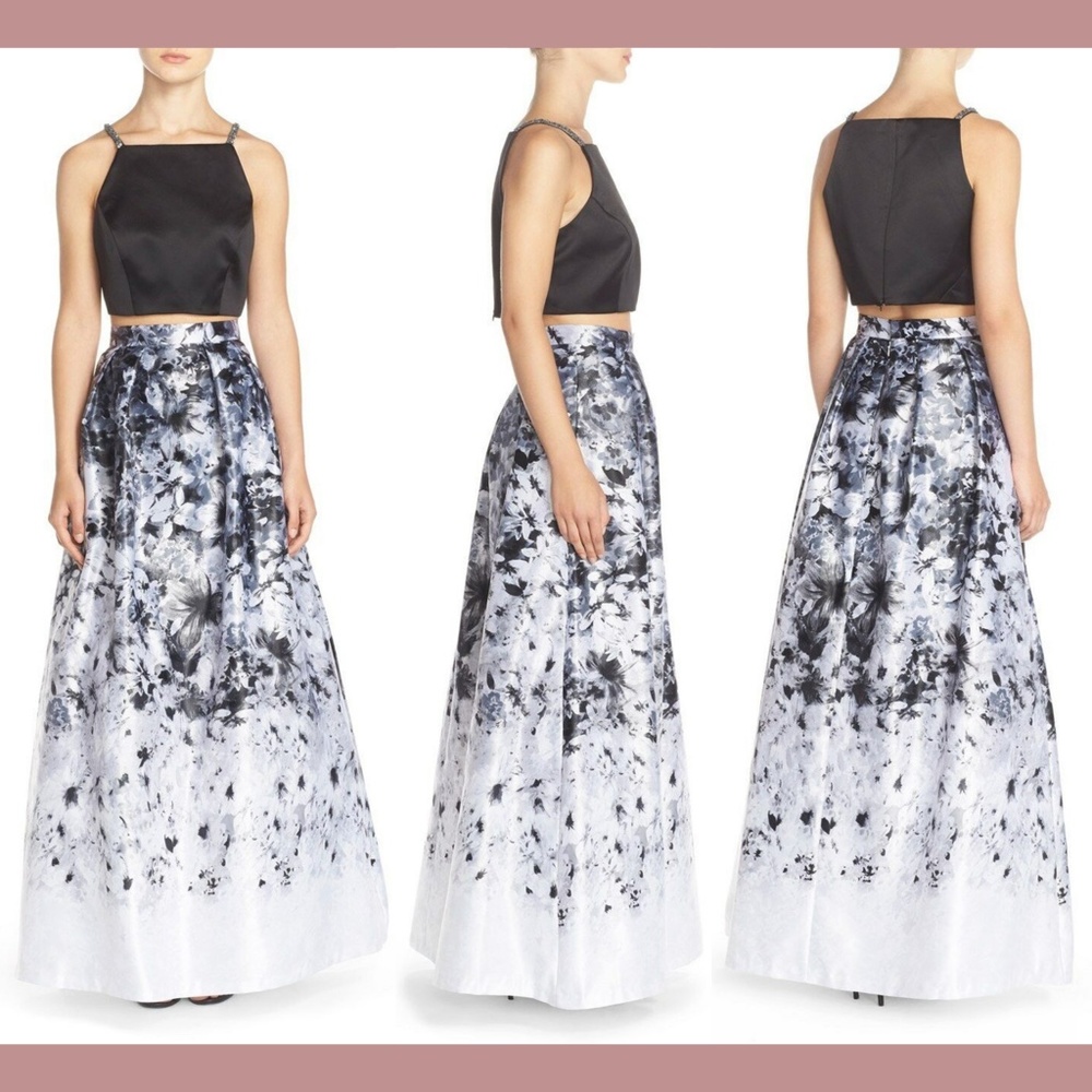 NWT‎ XSCAPE [size 2 ] Floral Satin Two Piece Ballgown in Black White 2PC